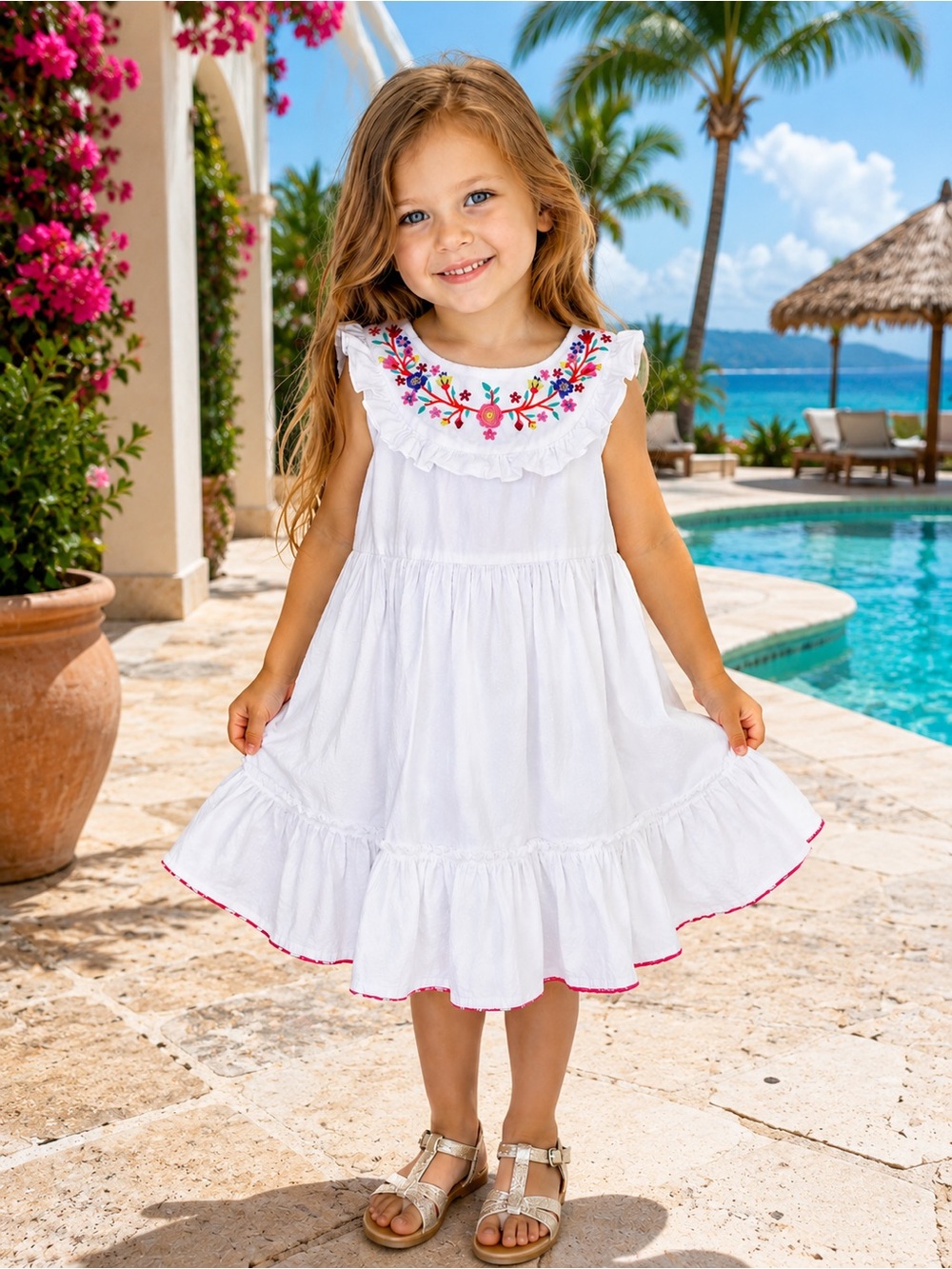 Cynthia Rowley White Embroidered Floral Ruffle Dress Girls Size 4T